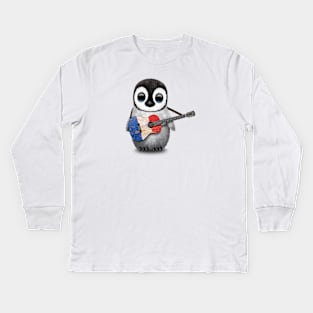 Baby Penguin Playing French Flag Guitar Kids Long Sleeve T-Shirt